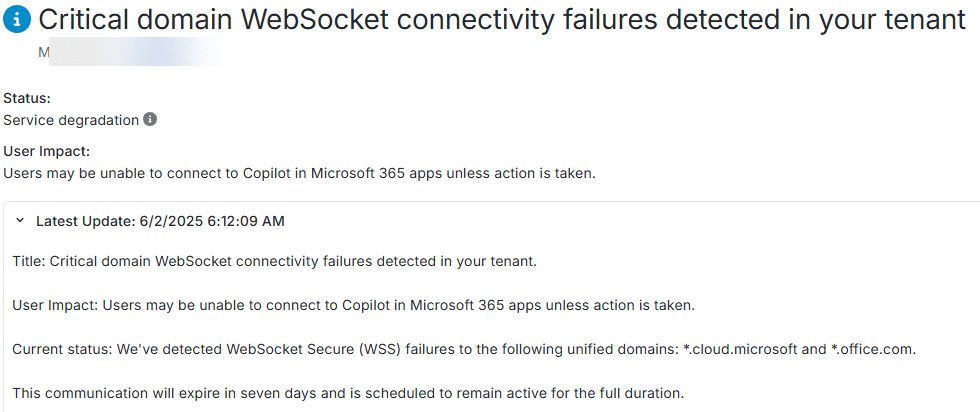Service Health notification showing a message on 
