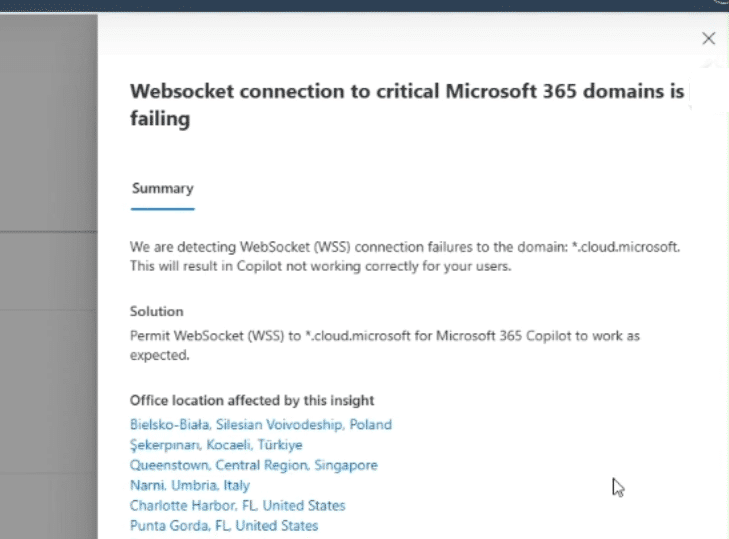 Screenshot of menu showing affected sites when clicking on an insight