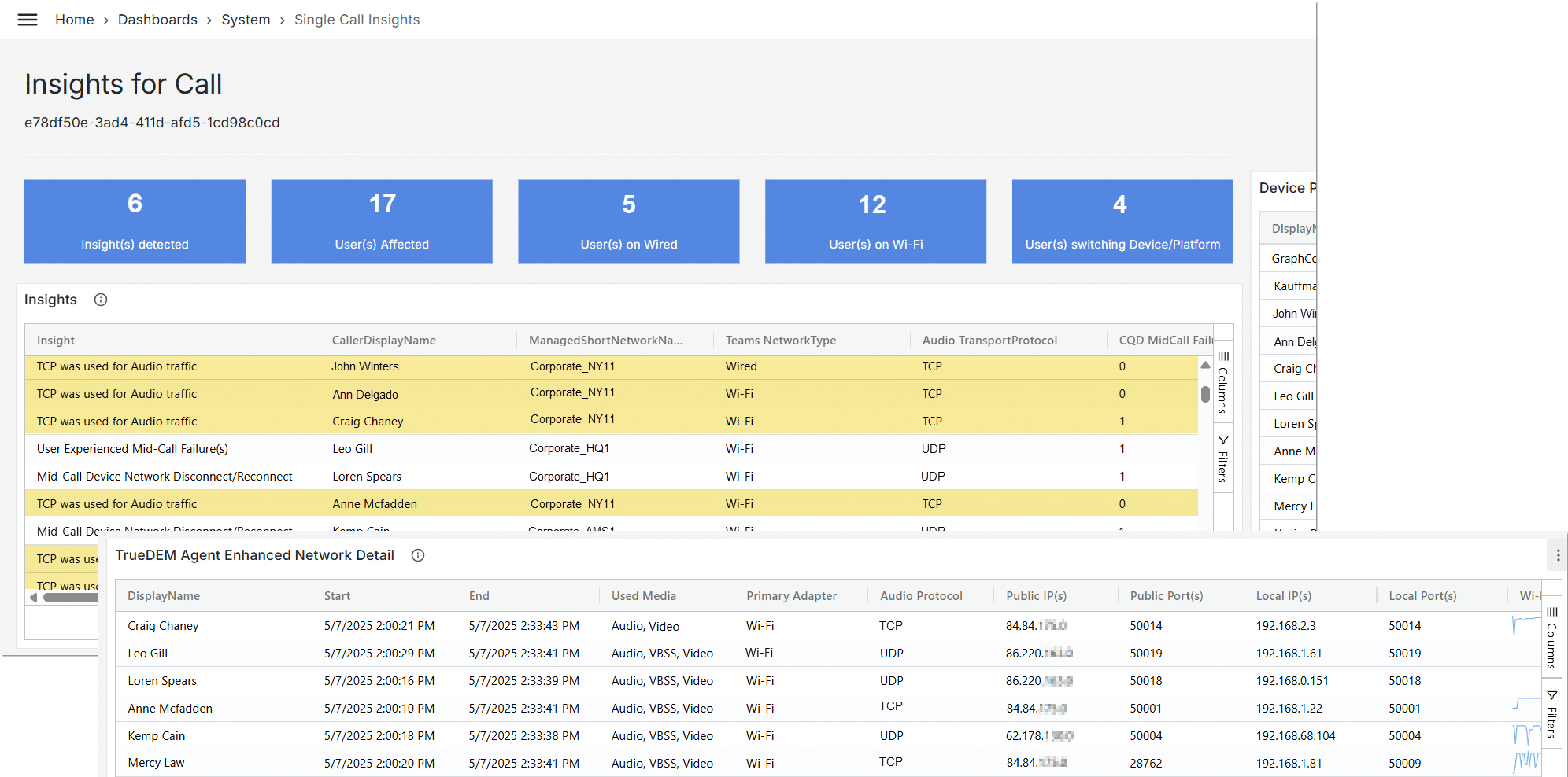 Insights for a call showing users connecting with TCP and detail table with additional info